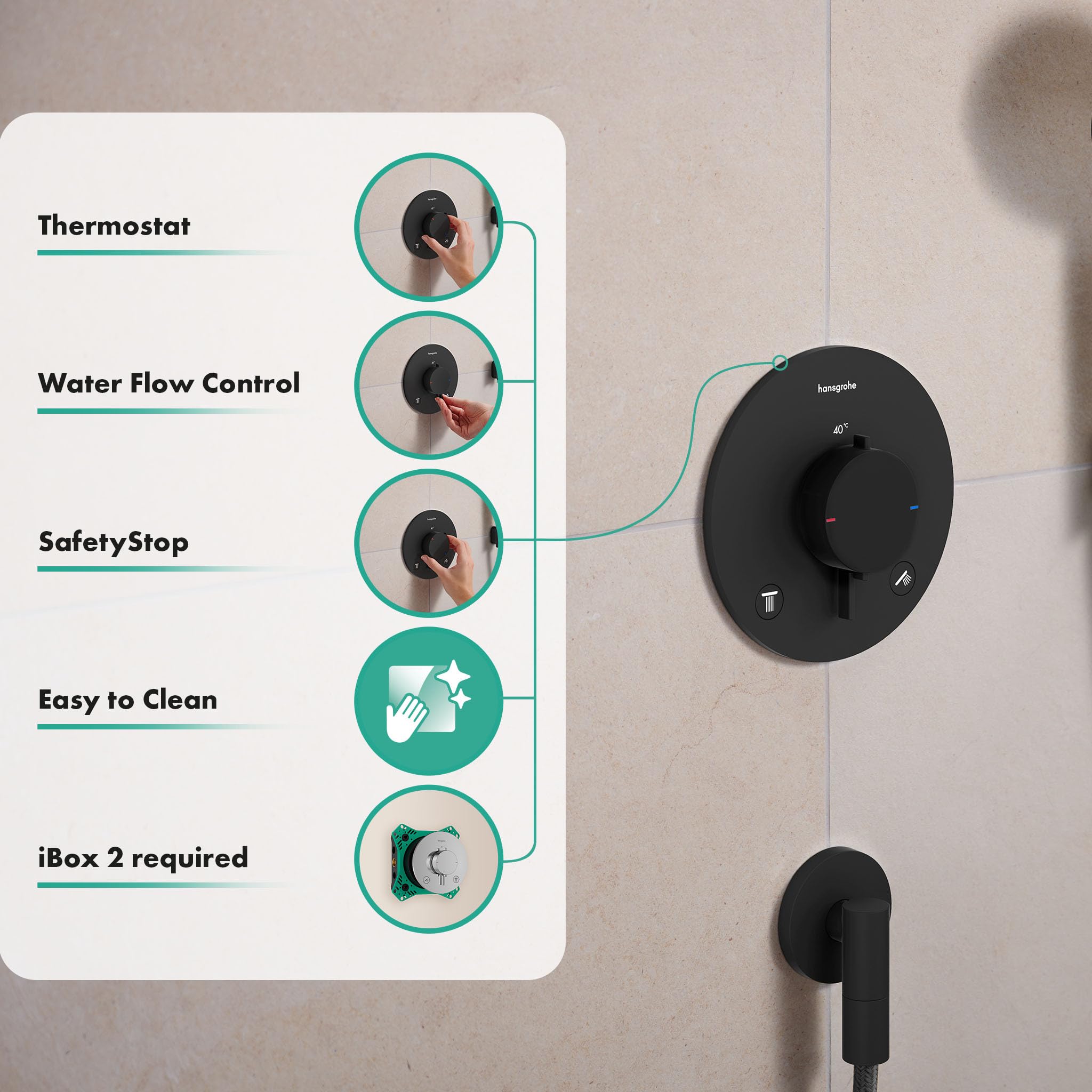 hansgrohe Ecostat Comfort S - Duschthermostat Unterputz, Duscharmatur mit Sicherheitssperre (SafetyStop) bei 40° C, Thermostat für die Dusche, Mischbatterie für 2 Verbraucher, Mattschwarz, 33715670