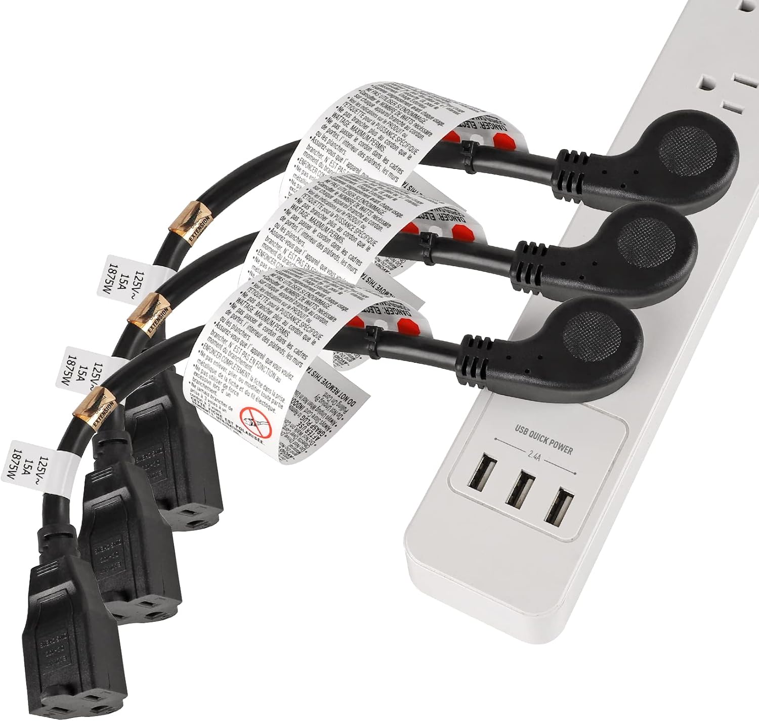 VSEER 1Feet 1875W 15A 14AWG Flat Plug Heavy Duty Extension Cord Outlet Saver 3-Prong Grounded Short Power Extension Cord Black,UL Listed (3 Pack)