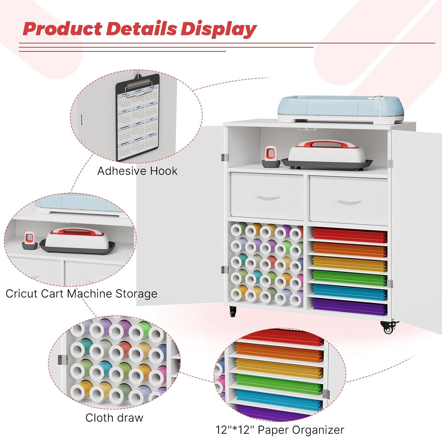 Craft Organization & Storage Cart Compatible with Cutting Machine – Rolling Craft Organizer with Large Drawer, 30 Vinyl Roll Holder, Pull-Out Cardstock Shelf & Lockable Casters
