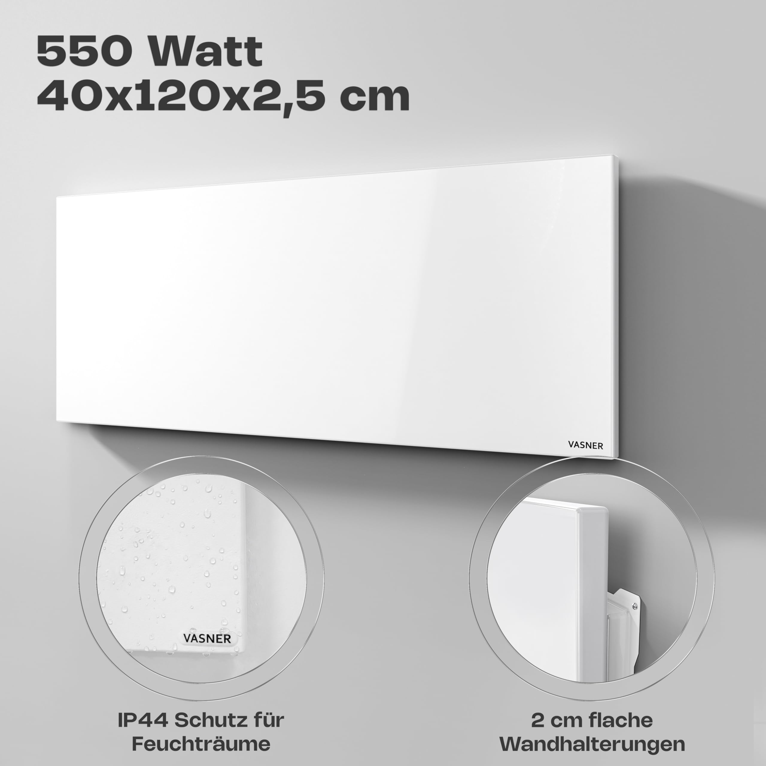 VASNER Citara M Infrarotheizung – Infrarot Elektroheizung Metall weiß Wandheizung Deckenheizung IP44 Schutz Bad Heizpaneel Innenbereich 10 J. Garantie (550 Watt)