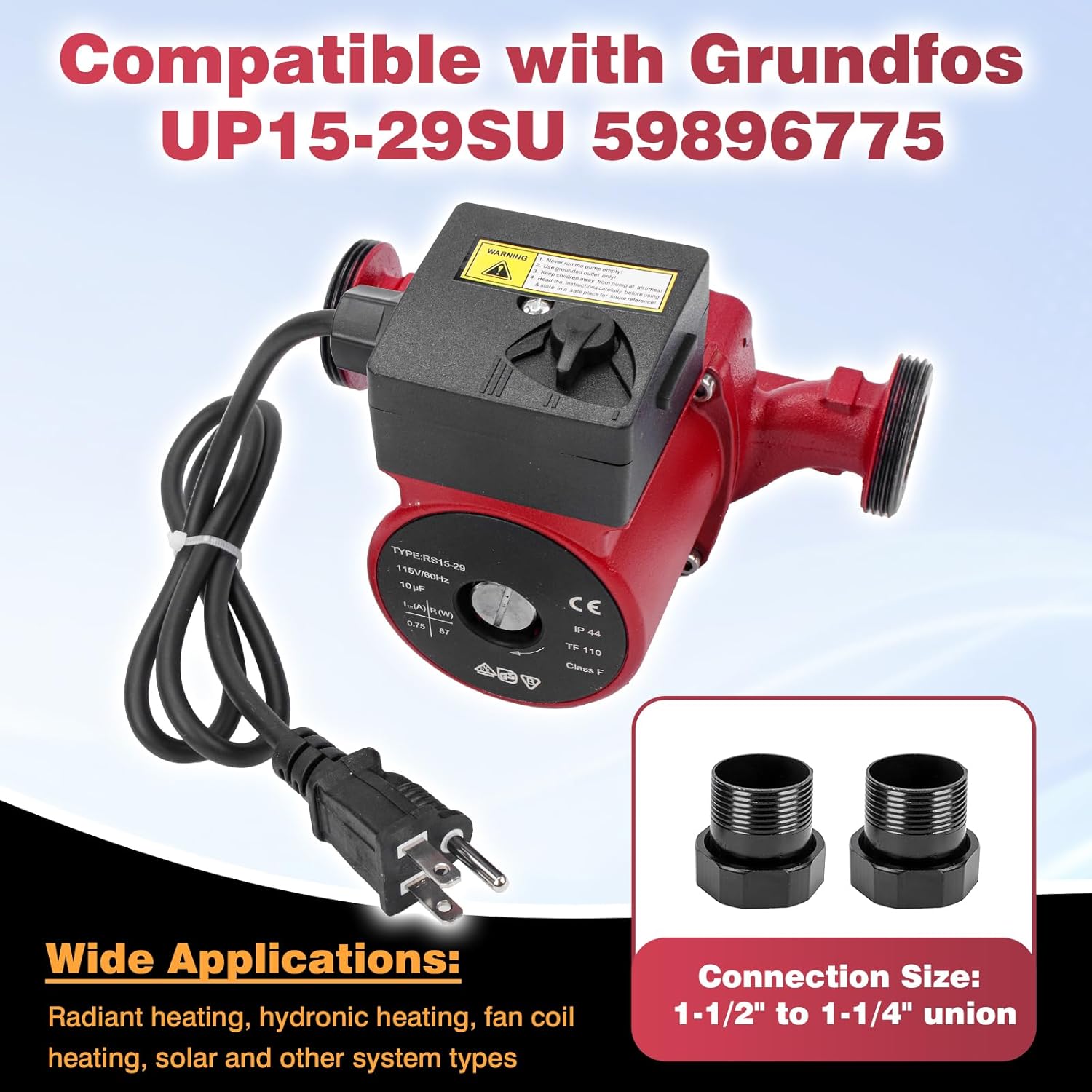 59896775 Circulator Pump 115V Replacement Compatible with Grundfos UP15-29SU Hot Water Circulator Used for Water Heater/Floor heating/Radiant Heating/Hydronic Heating/Solar and Other System Types