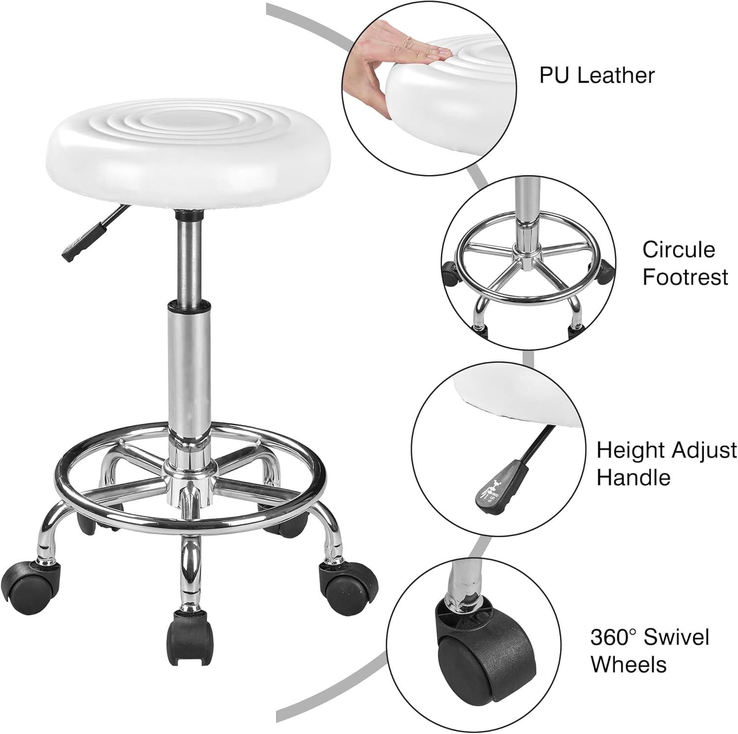 VECELO Home Office Desk Chair with Wheels | PU Leather Rolling Office Chair for Drafting, Salon, Spa(White)