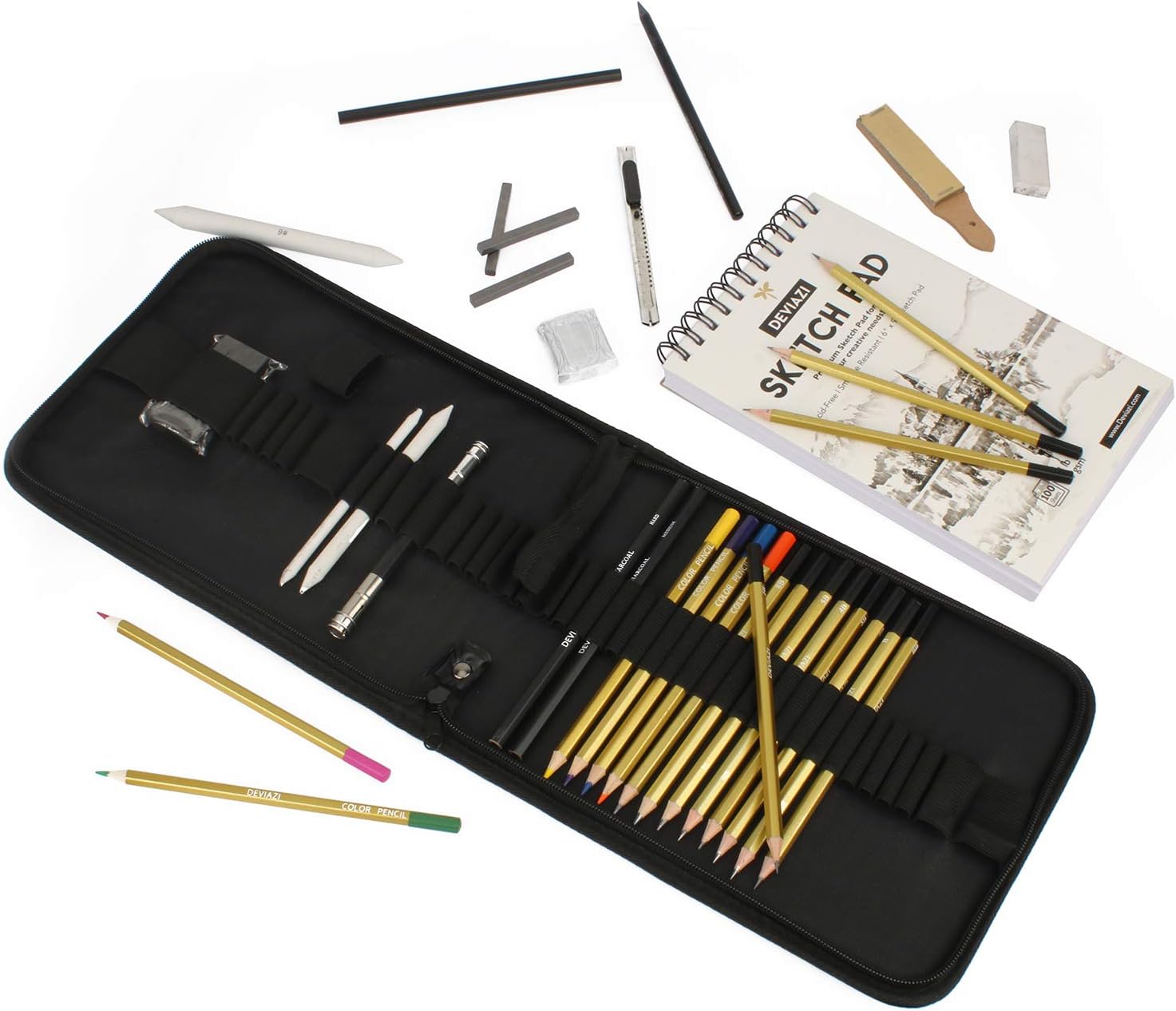 Deviazi (40-Piece Set) Artist Drawing Pencils Sketching Set. Includes Graphite, Charcoal Pencils, 100 Page Drawing Pad, Kneaded Eraser, Blending Stump with Travel case for Kids, Teens and Adults.