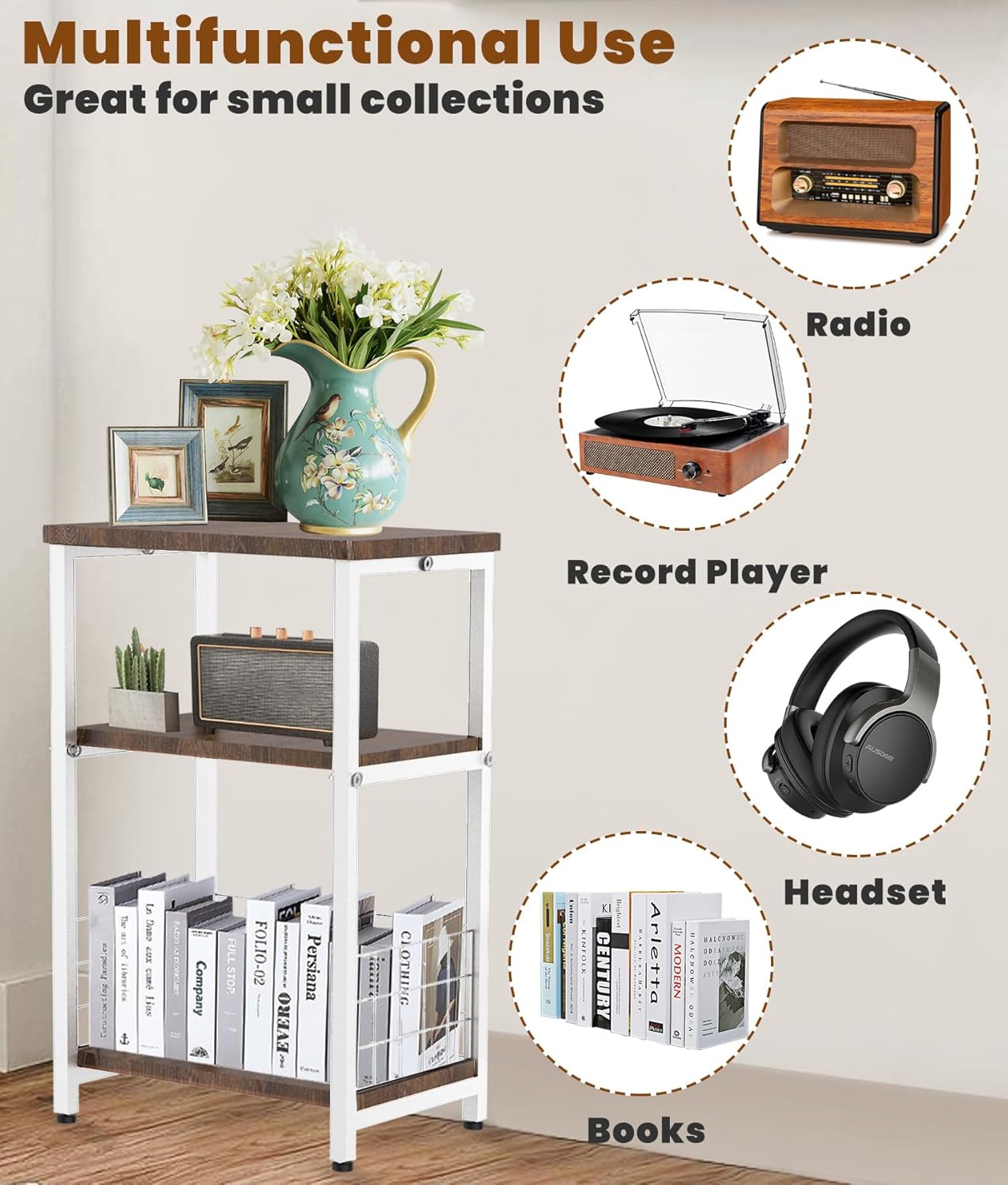 Record Player Stand, 3 Tier Side End Table with Vinyl Record Storage Basket, Turntable up to 100 Albums Record Shelf Display Holder Cabinet for Living Room, Bedroom, Office, White