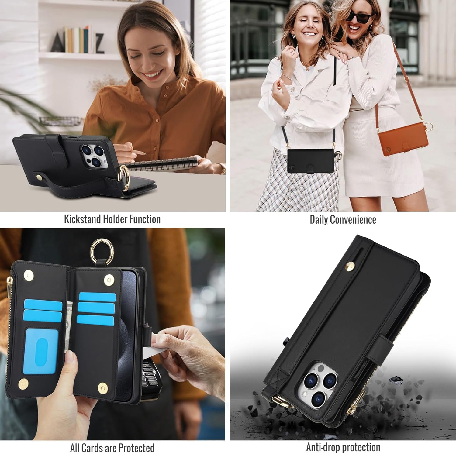for iPhone 15 Pro Case Wallet with RFID Blocking Card Holder and Shoulder Strap Wrist Strap, Multi-Function Stylish Ring Zipper Purse Case for iPhone 15 Pro 6.1'', Black