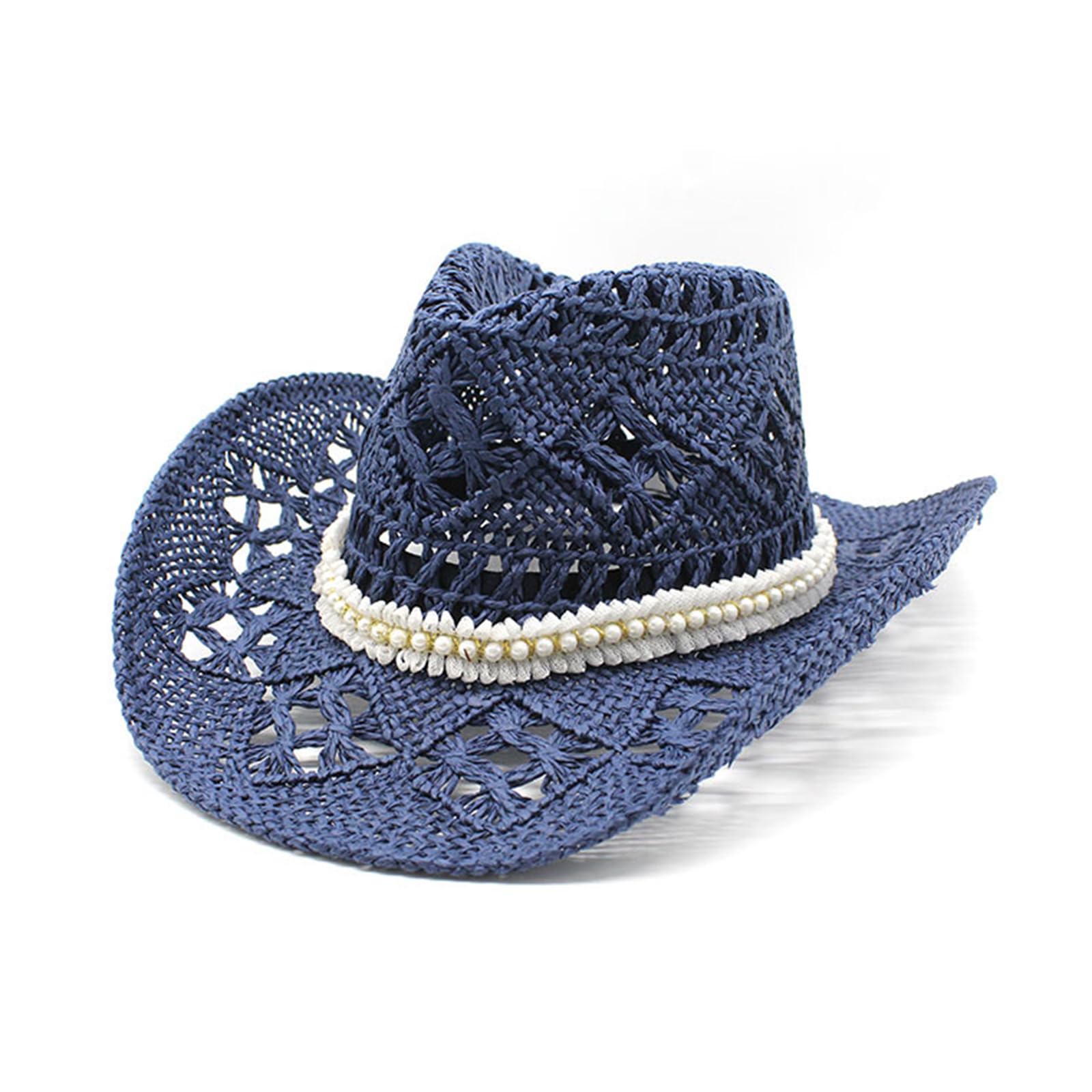 Hollow Out Cowboy Hat for Women Vacation Beach Sun Hat with Wide Brim Pearls Cowgirl Straw Hat Wedding Bachelorette Party Hat