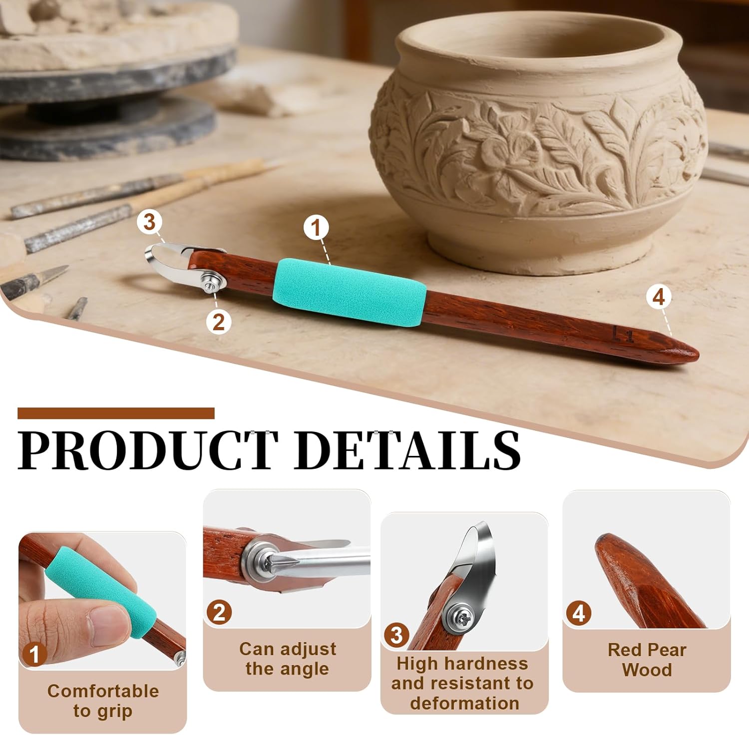 GtohHavea Professional Pottery Carving Tool with Durable Cutting Head, for Clay Sculpting, Sgraffito, Mishima & Ceramic Trimming (4Pcs)
