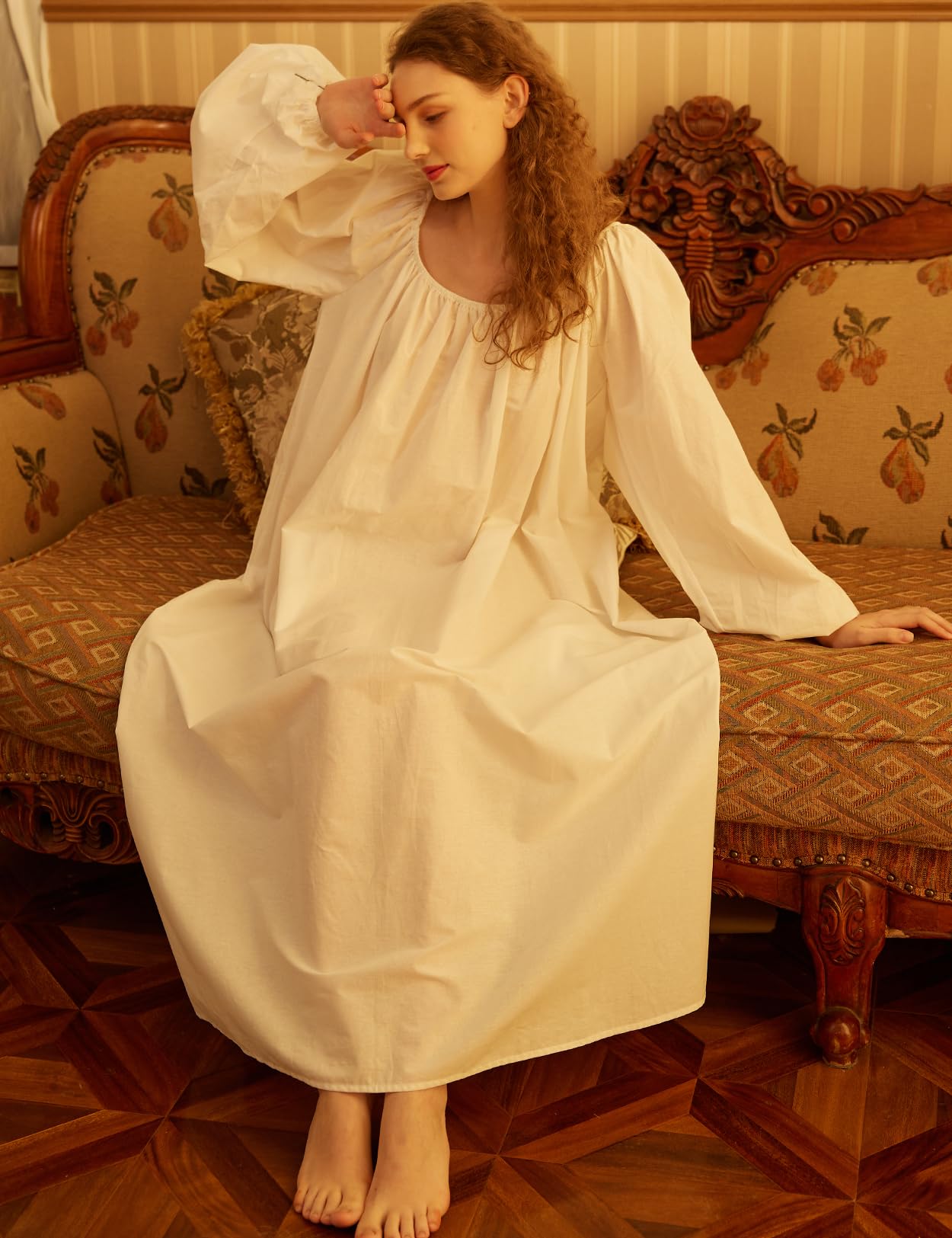 BEAUTELICATE Camicia da Notte Donna in Cotone Maniche Lunghe Camicia da Notte Vittoriano Lungo Pigiami Vintage Principessa Sleepwear Estivo Avorio