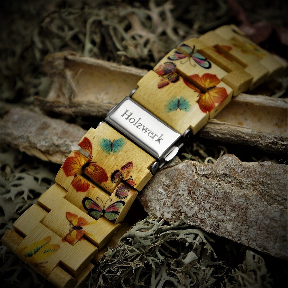 Holzwerk Germany Ręcznie wykonany designerski zegarek damski ekologiczny naturalny drewniany zegarek bransoletka zegarek analogowy klasyczny zegarek kwarcowy z motywem motyla motyla, kolorowy