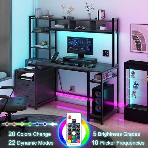 Miniatura 5 de Escritorio para computadora con estantes de almacenamiento y 2 cajones, escritorio de juegos de 59 pulgadas con luces LED y tomas de corriente,