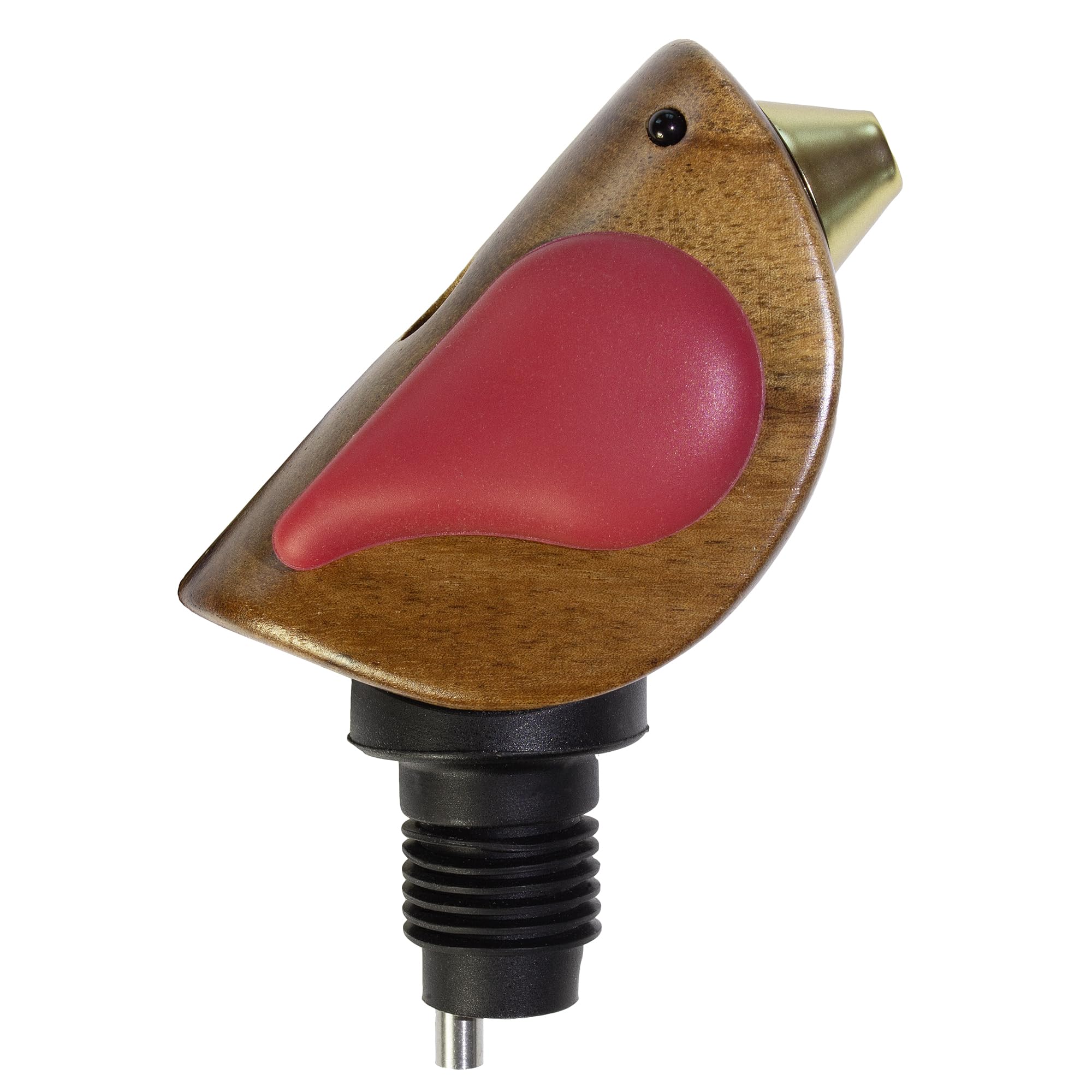 Songbird Specialties Vertedor de botellas de vino, divertido vertedor de vino canta mientras se vierte, sellador hermético de botellas de vino, madera de acacia con alas rojas