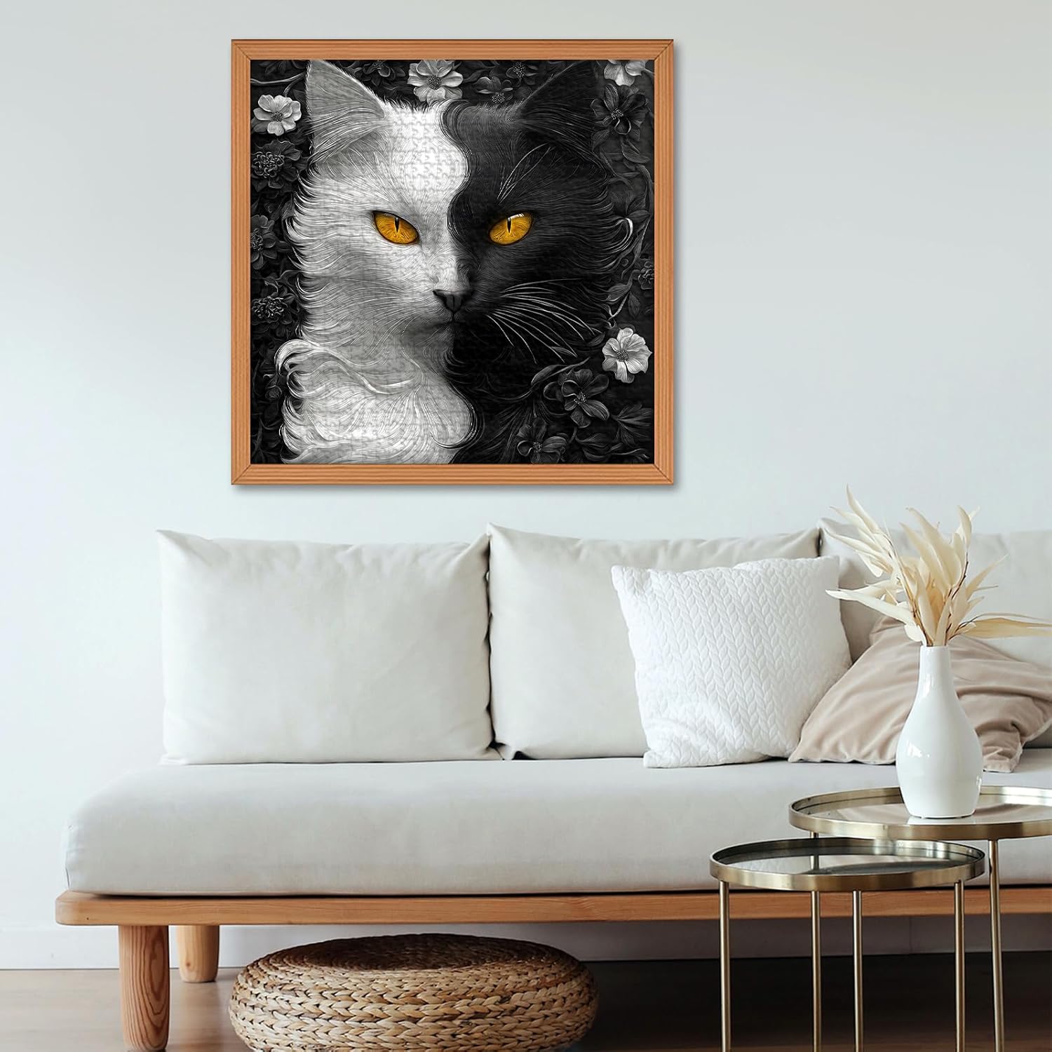 Yin Yang Cat Jigsaw Puzzle 1000 Pieces for Adults,Black and White Kitty Animal Flower Puzzle, Unique Kitten Puzzle,Impossible Difficult Hard Challenge for Adults, Cat Aesthetic Home Wall Decor
