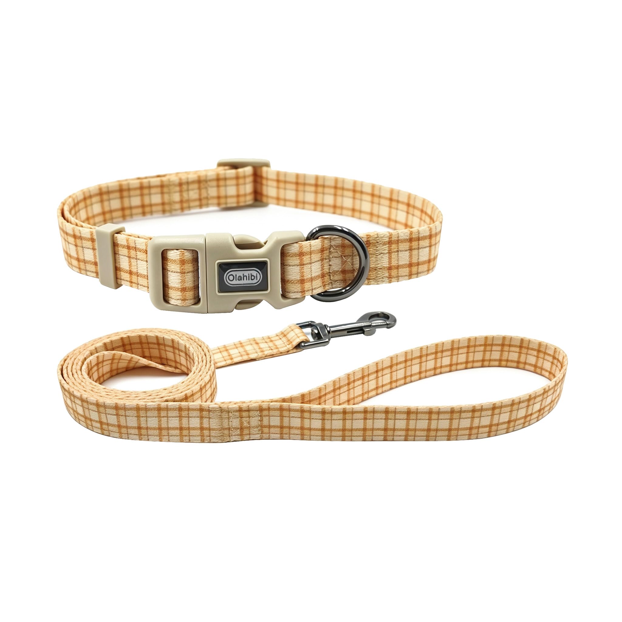 Dog Collar & Leash Set, Polyester with Plaid on Beige, M Size.