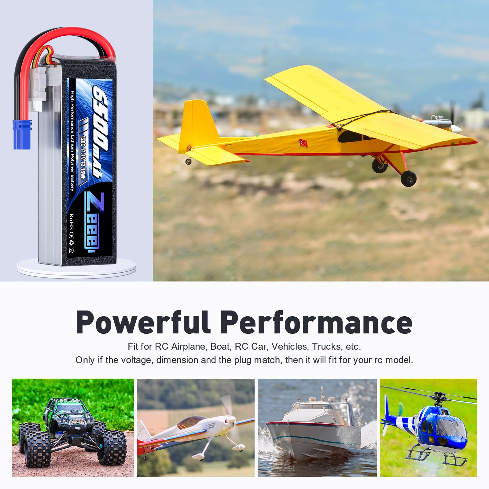 Zeee 3S Lipo 6500mAh 11.1V 120C Softpack-RC Akku mit EC5 stecker für RC-Autos, LKWs, RC-Fahrzeuge, Truggy, Buggy, Panzer, Hubschrauber, Flugzeug, Rennmodelle (2 Stück)
