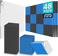 Vista 52 de JBER - Paquete de 48 paneles acústicos de espuma, cuñas de estudio autoadhesivas mejoradas de 1 x 12 x 12 pulgadas, acolchado insonorizante