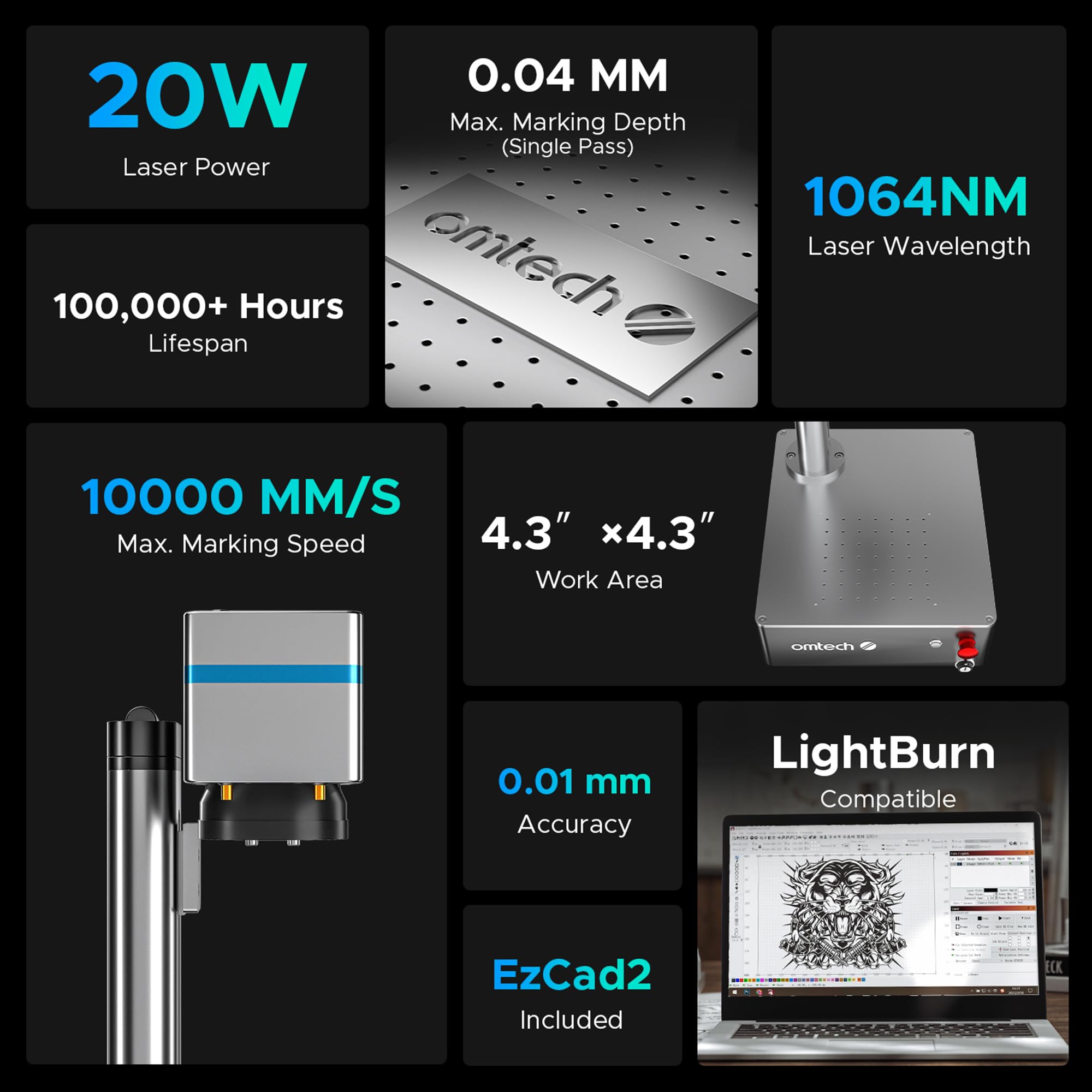 OMTech 20W Fiber Laser Marking Machine with Lightburn and Rotary Aix ±0.01mm Precision | 4.3