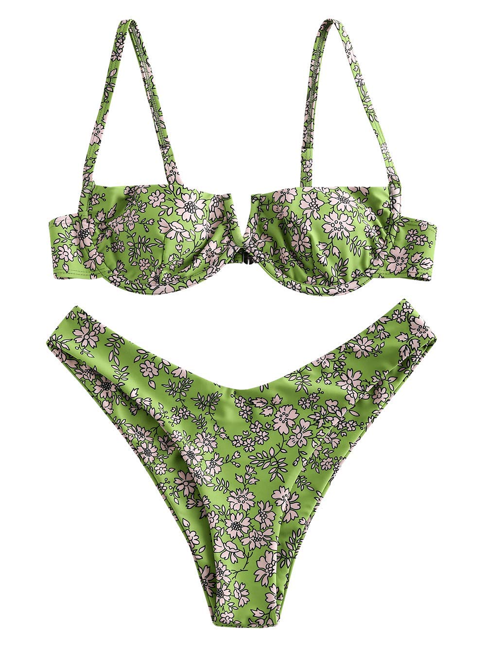 ZAFUL Bikini Set de Dos Piezas Floral Corte Alto Bikini con Arco & V Bañador para Mujer