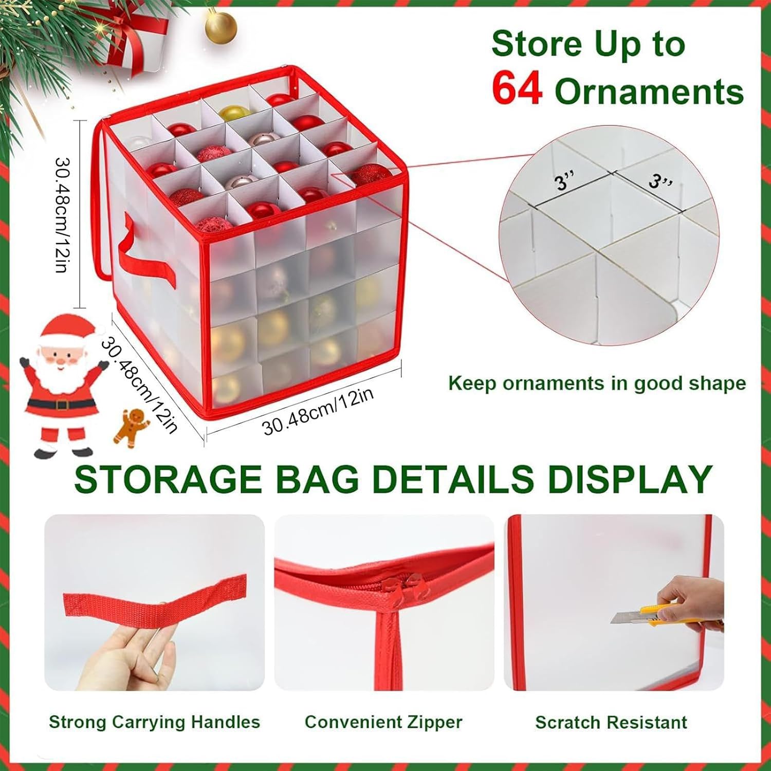 Christmas Decoration Storage Containers | Stores 64 Balls Container | Double Zipper Ornament Storage Box with Dividers and Handles | for Holiday Decor Attic Basement
