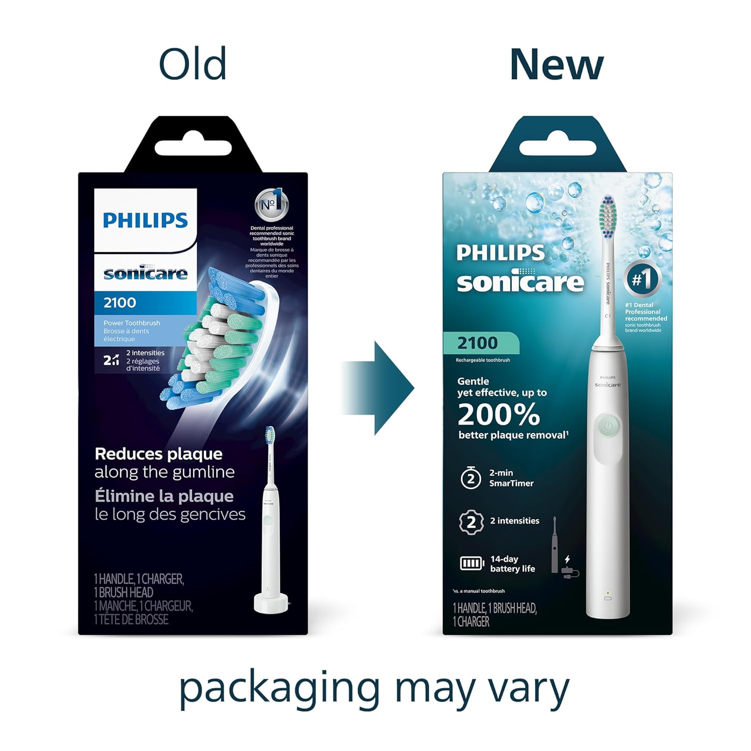 Comparison of old and new Philips Sonicare packaging, showing the C1 Simply Clean brush head.