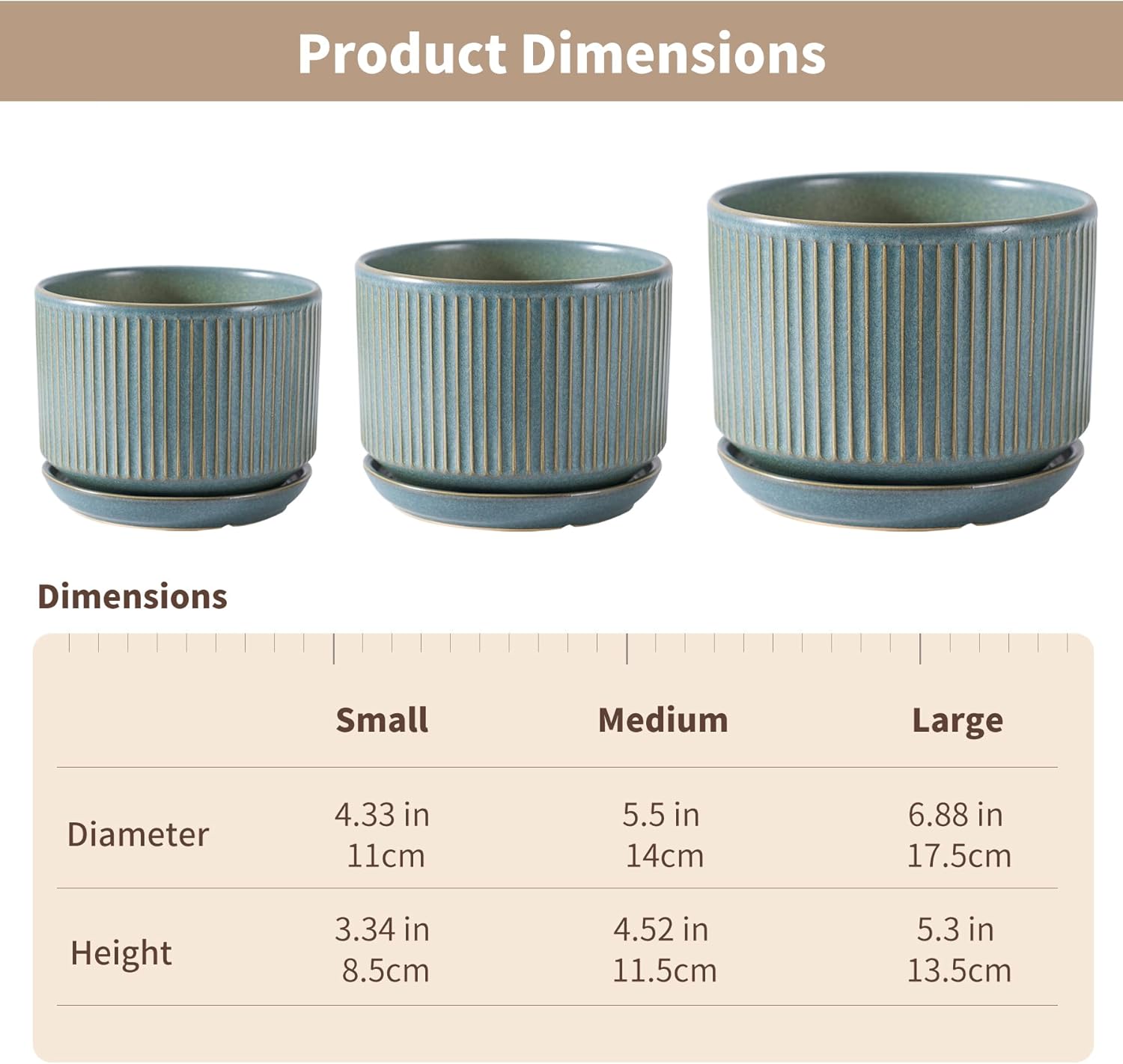 Green Ceramic Plant Pots Set of 3, 4.3+5.5+6.7 Inch Indoor Flower Pots with Drainage Hole & Saucer & Hole Mesh Pads, Striped Decorative Planter Set for Indoor Plants, Gardening Pots & Accessories - Image 3