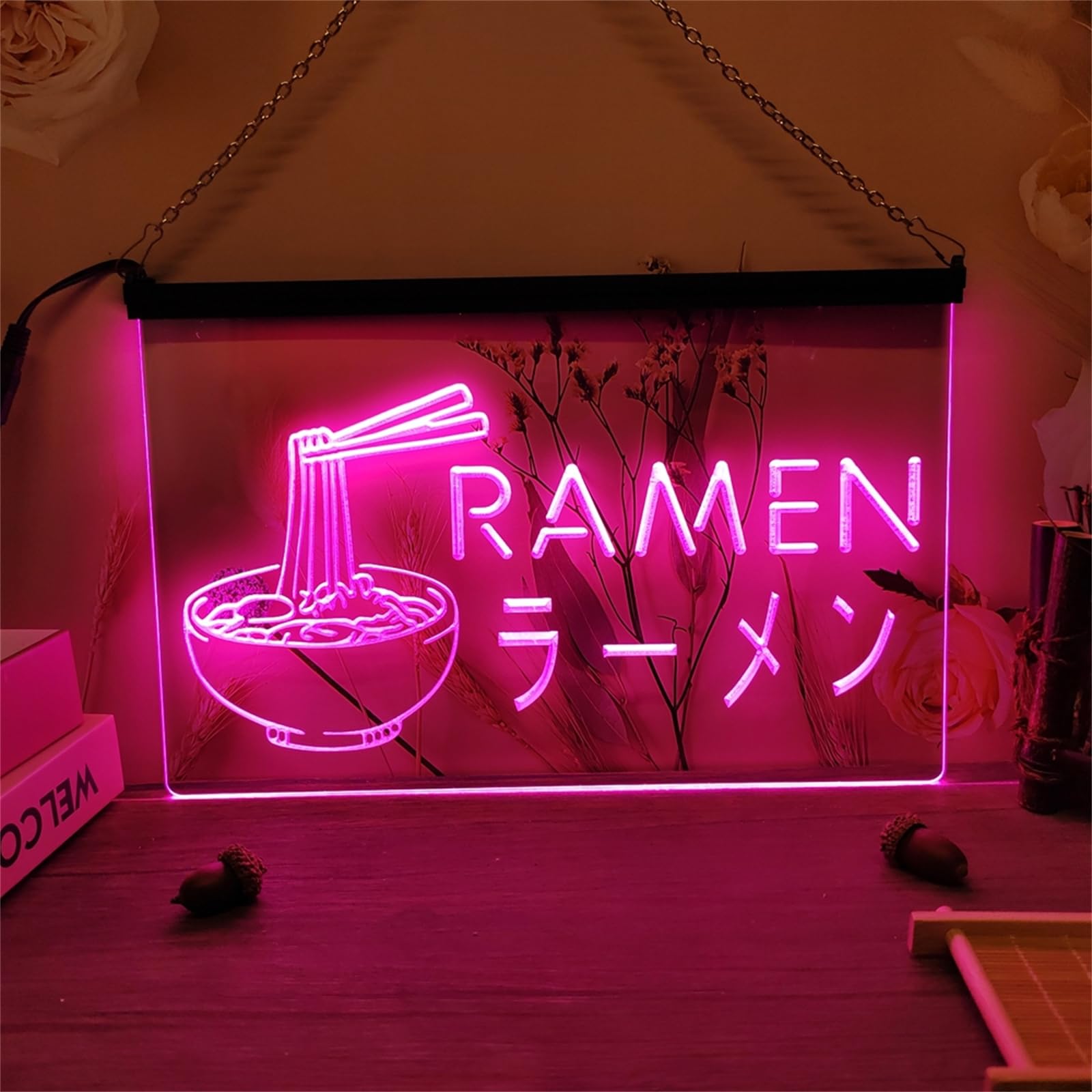 Zayeksole Ramen Neon Sign for Wall Decor, USB Dimmable LED Neon Light Up Sign for Japanese Ramen Restaurant Windows Wall Decoration,Pink,30x20cm