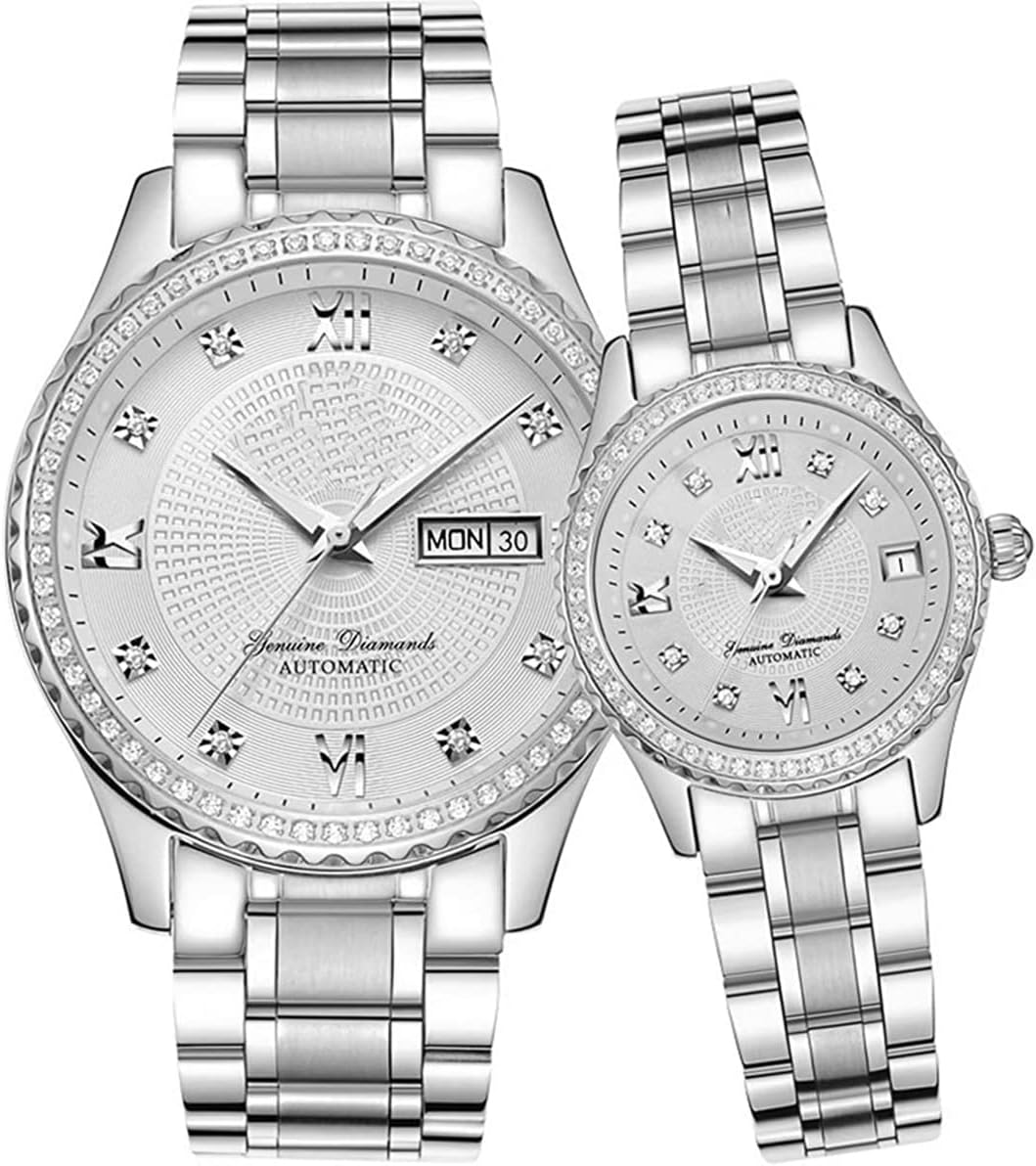 SENRUD Couples Automatic Self-Wind Watches Calendar Date Luxury Stainless Steel Men and Women Pair Watches His and Hers Automatic Watch Gifts Set of 2