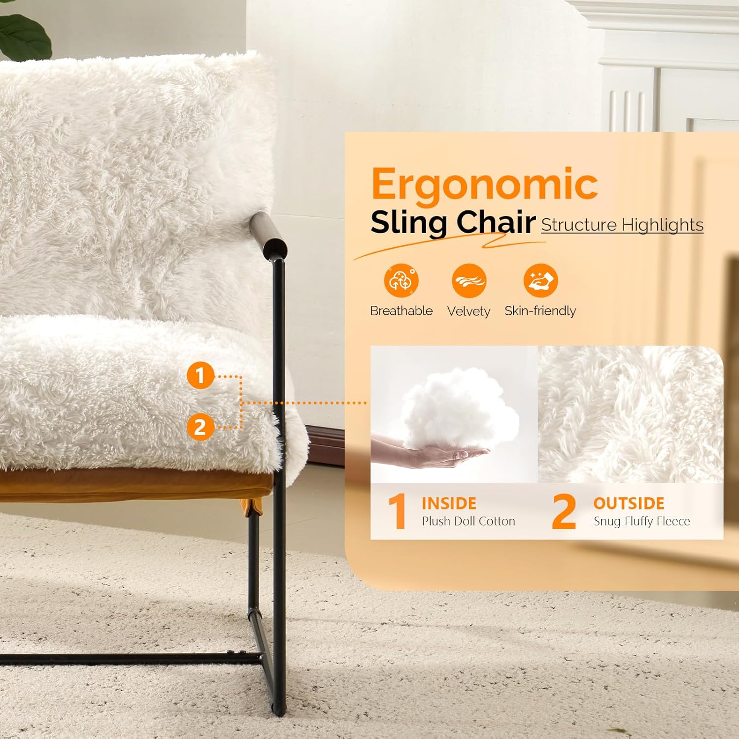 VINGLI 28" Wide Plush Upholstery Sling Modern Accent Chair with Metal Frame, Cute Reading Armchair with Removable Seat Cushion & Tan Microfiber Seat Base, Lazy Chair for Bedroom & Lounge, White