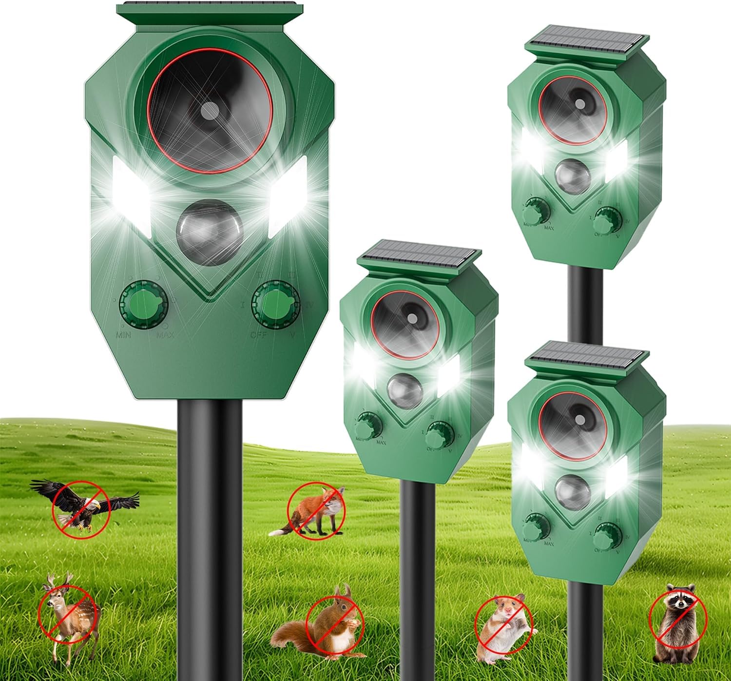 Solar Tiervertreiber Outdoor, Ultraschall Stroboskop Licht Abschreckung für Waschbären, Hirsche, Eichhörnchen, Katzen, Hunde, Füchse, Stinktiere & Kaninchen, Wasserdicht, Schrittweise