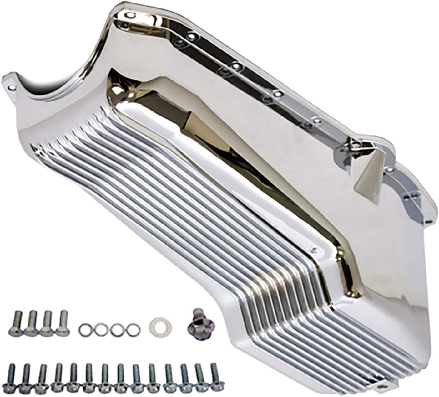 1958-79 Compatible/Replacement for Chevy Small Block Chrome Aluminum Stock Capacity Oil Pan - Retro Finned