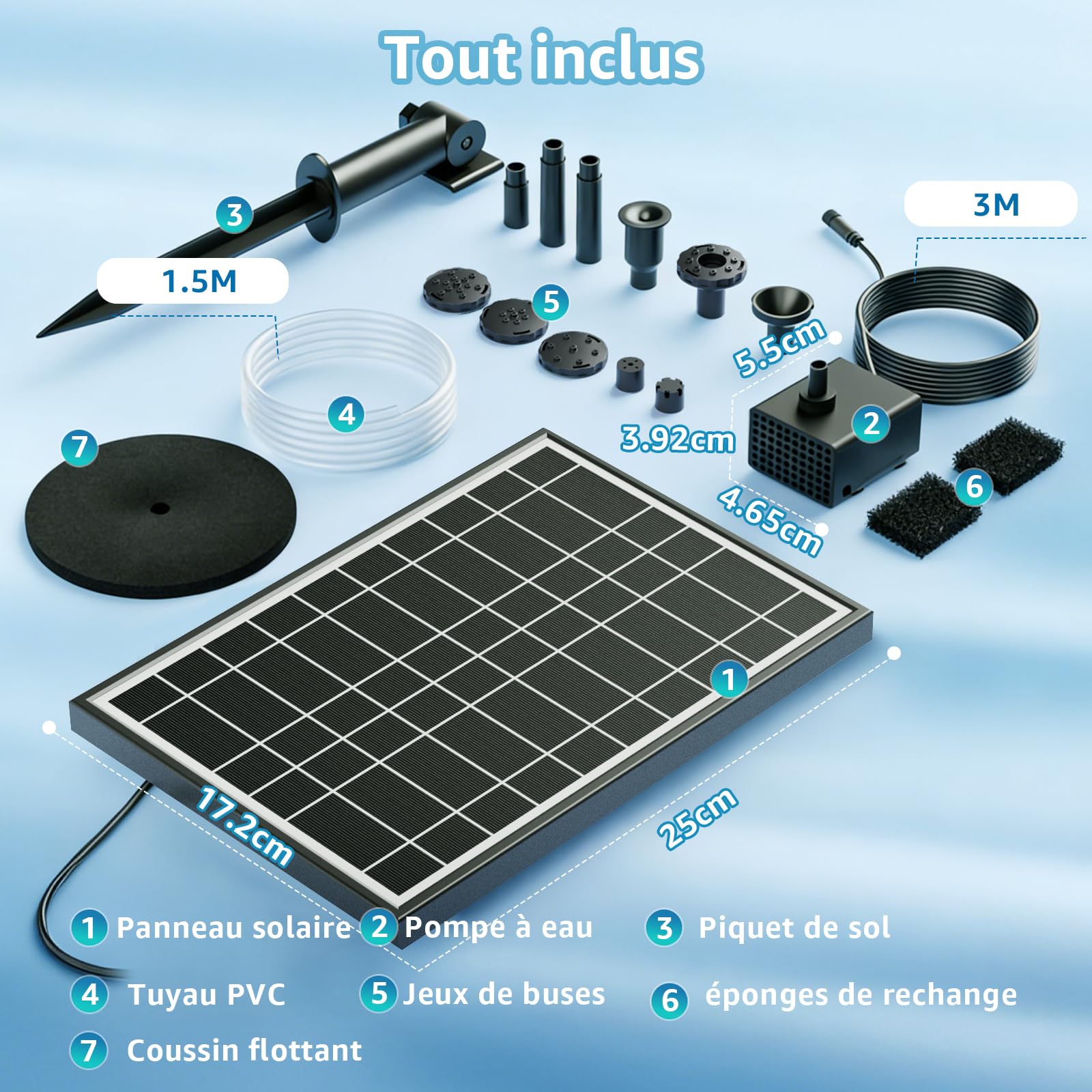 Pompe de Fontaine Solaire pour Bac à Oiseaux, 8.5W Pompe Solaire Extérieure avec 7+ Modes de Pulvérisation & 1.5m Tuyau, Pompe Solaire DIY pour Jardin, Bassins, Piscines et Aquariums