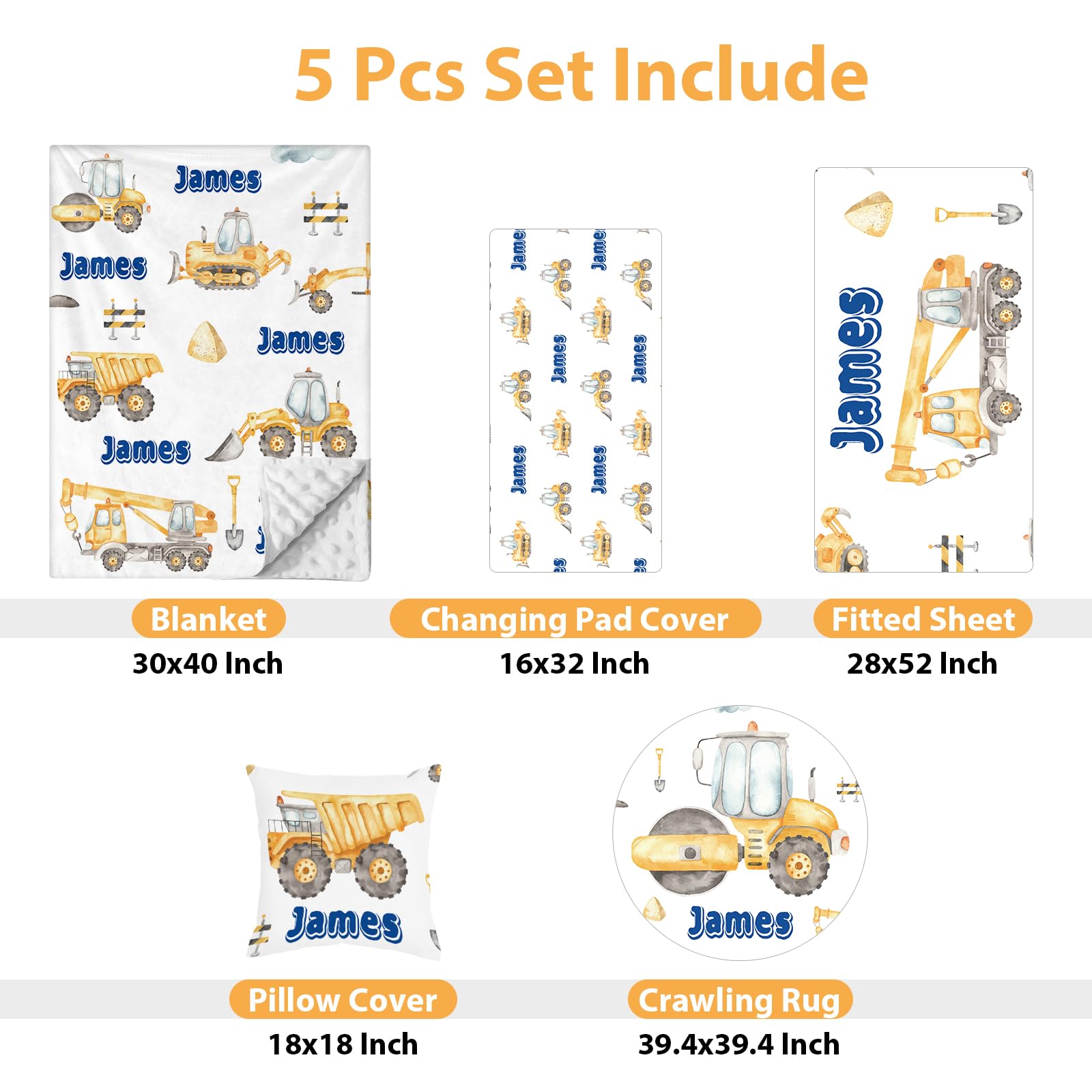 Custom Baby Crib Bedding Set - 5 Piece Nursery Crib Set Cars Design - Personalized Name Blanket with Dotted Backing, Crib Sheet, Changing Pad Cover, Pillow Cover, Rug for Newborns Color02