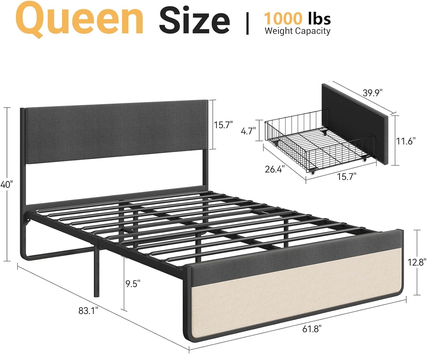 Queen Size Bed Frame with Headboard and 2 Storage Drawers, Mattress Foundation Platform Bed Frames with Metal Slats Support, No Box Spring Needed, Noise Free, Easy Assembly, Grey Linen