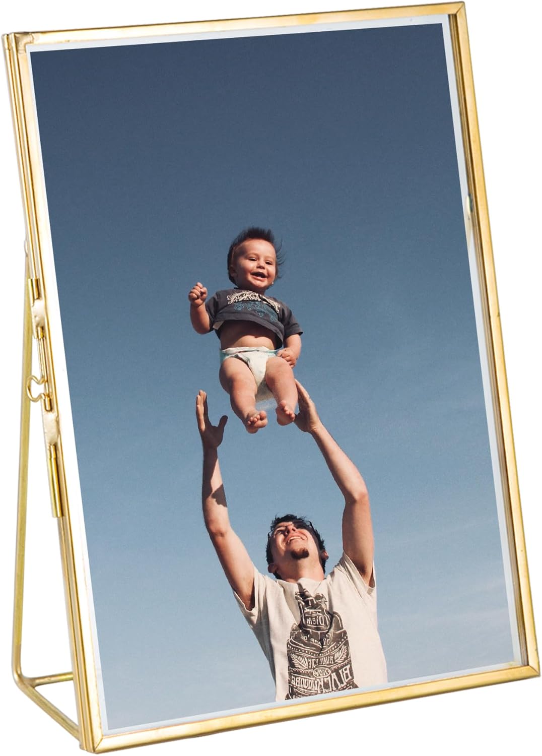 6x8 Picture Frame, Glass Gold Floating Frame, Vintage Style Antique Brass Tabletop Standing Frames with Locket Closure and Angled Base, for Pictures, Art, Mementos, Keepsakes