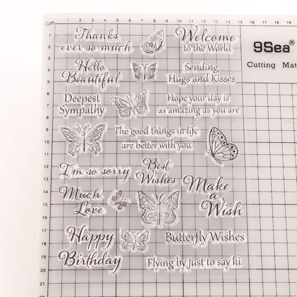 Tarjetas de sello de silicona transparente con sentimientos, flores, mariposas, patrón de palabras de felicitación para hacer tarjetas de vacaciones, decoración y álbumes de recortes, manualidades