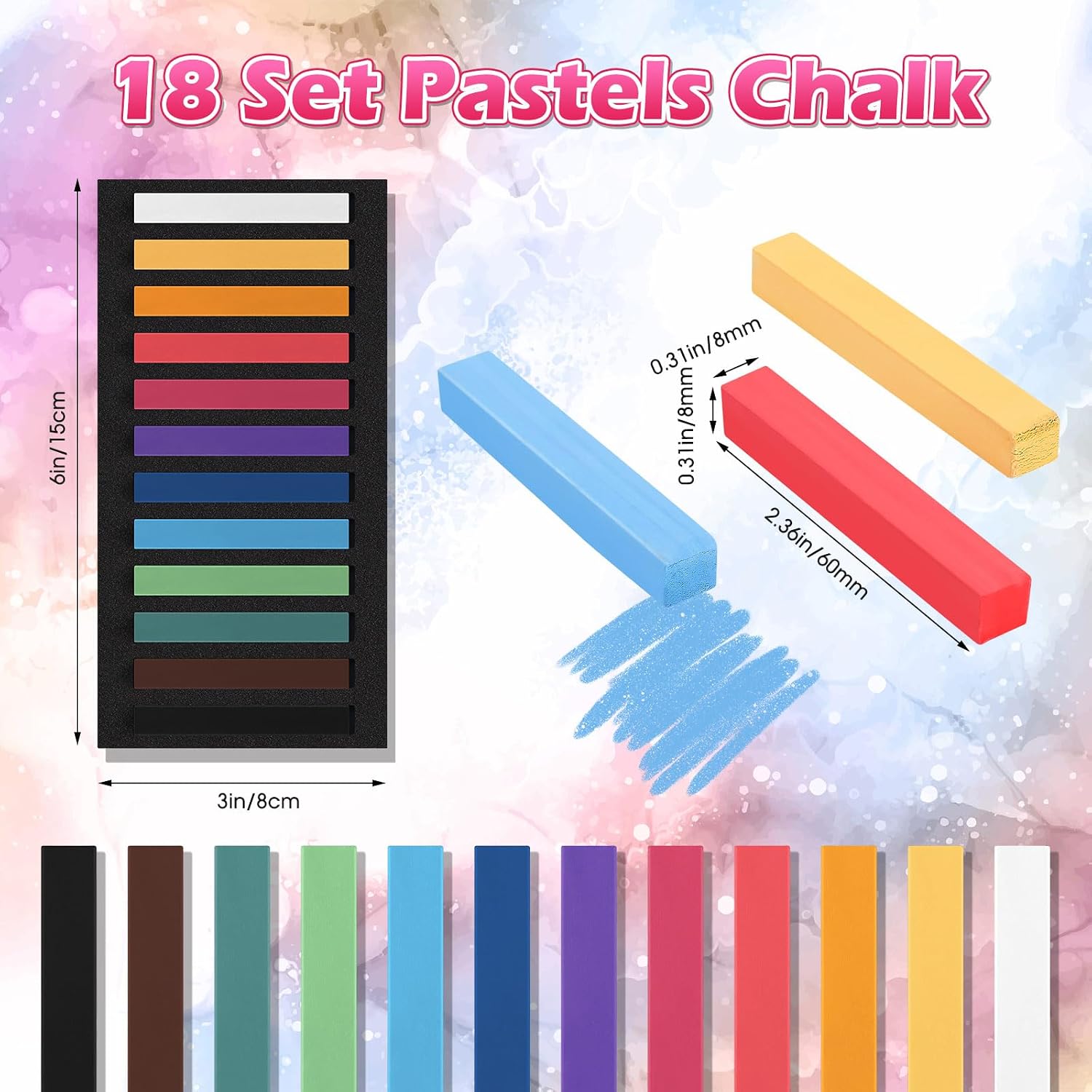 Watersay 216 Pcs Soft Pastels for Artists Color Pastels Set Square Chalk Sticks 18 Boxes 12 Assorted Colors Art Drawing Painting Supplies for Parties, Donations