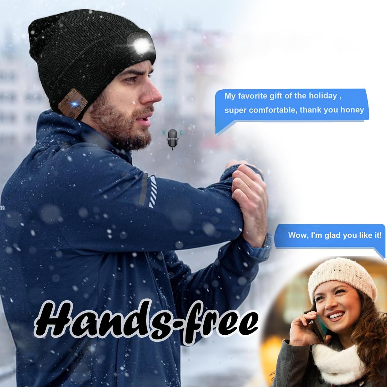 Wireless Music Beanie Hat with Light Unisex Musical Knitted Cap Beanie with Light Built-in Speakers Mic Headphone Beanie Hat Gifts for Men Women Running Camping Fishing - Image 4