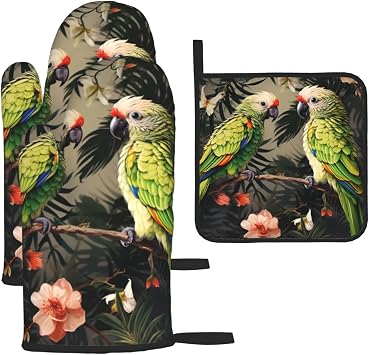Couple Parrots Olive Oven Mitts and Pot Holders Set 3Pcs Heat Resistant Oven Gloves Hot Pads Extra Thicken Long Kitchen Mitts Potholders for Cooking Baking Grilling Gifts