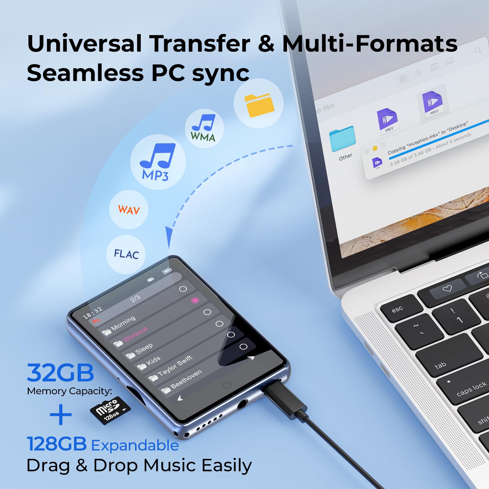 Odtwarzacz MP3 32 GB, Bluetooth 5.3, ekran dotykowy 2,8" | Metalowa obudowa i przenośna konstrukcja, głośnik, możliwość rozszerzenia do 128 GB, radio FM, nagrywanie głosu, budzik