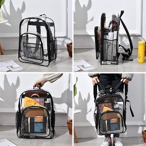 Sac à Dos Transparent En PVC - Léger, Imperméable - Poches Latérales Filet - Pour école, Voyages, événements - Design Moderne
