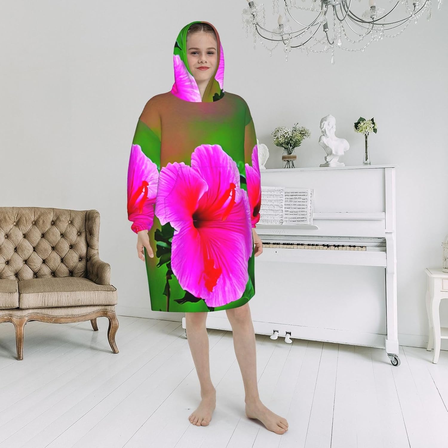 Hibiscus Flowers Pattern Print Oversized Blanket Hoodie, Wearable Blanket Hooded,Hooded Pullover With Pocket