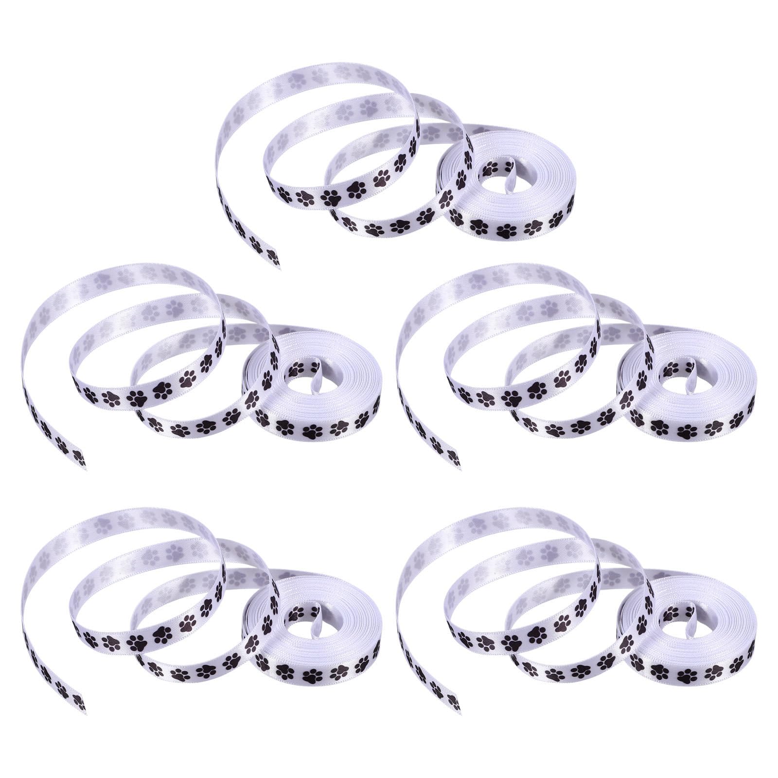 5 Rolls 1cm Wide Black Dog Paw Print Ribbon Bulk, Polyester Craft Ribbon for Wrapping, DIY Party Decorations, Floral Bouquets, and Pet-Themed Crafts