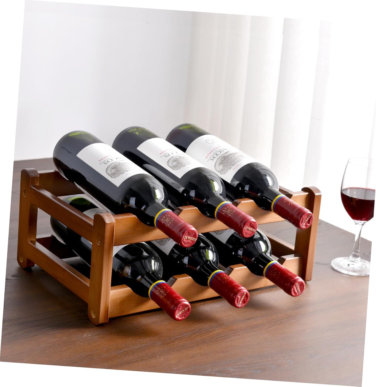 Double Layer Wooden Wine Rack 6-Bottle Holder Stand Decorative Red Wine Organizer for Home Bar Space-Saving Storage Display