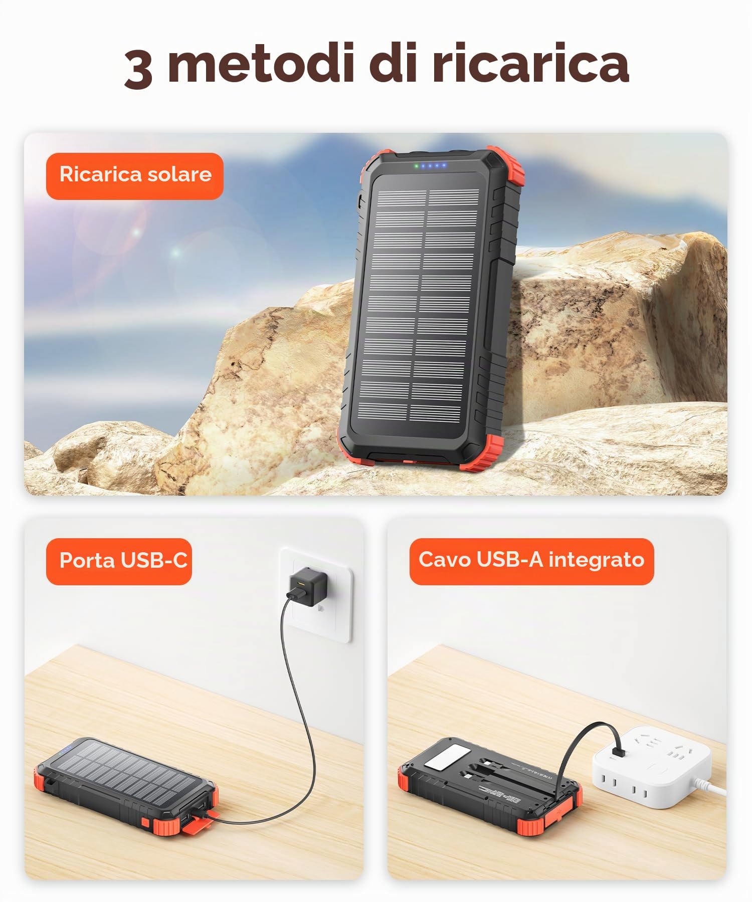Power Bank Solare da 26800 mAh, Power Bank USB C PD15W con 3 cavi, 5 Uscite 3 Ingressi, Caricabatterie Solare Impermeabile con Due Torce e Moschettone per il Campeggio