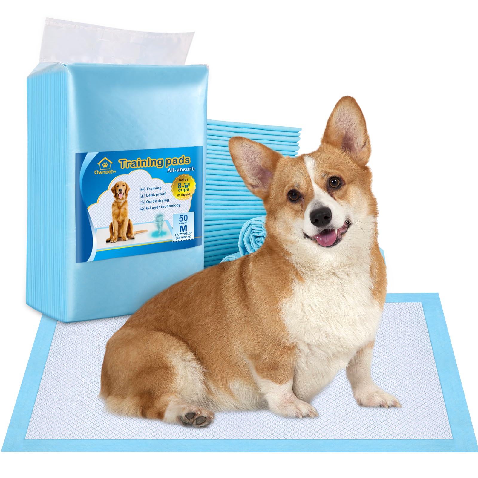OwnpetsDog Training Medium Pad 24’’ x 17.7’’, Leak-Proof 6-Layer Pet Potty Training Pads Pee Pads with Quick-Dry Surface for Pets, Puppies, Adult, Sick & Aging Dogs, 50 Counts