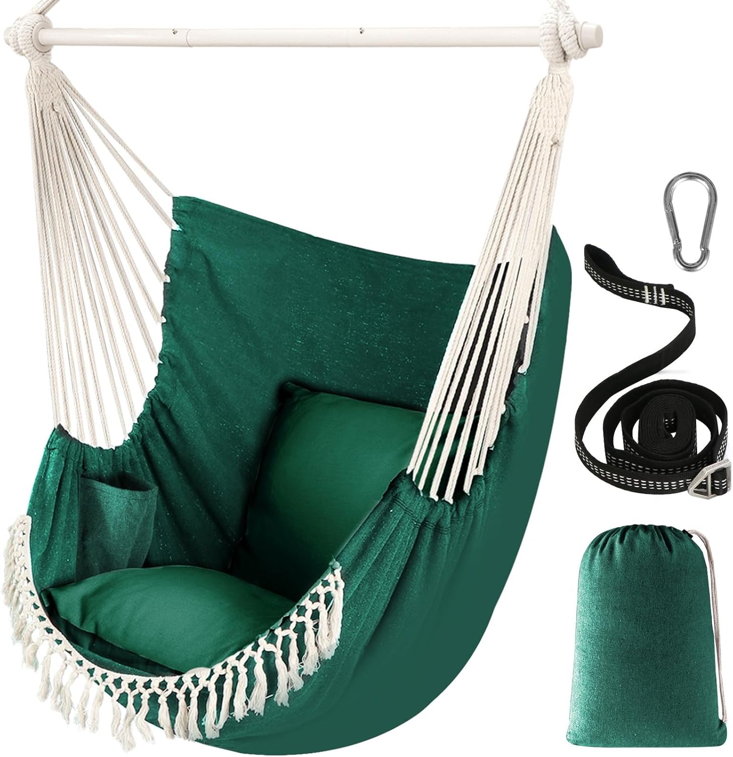 Chihee Hammock Chair Hanging Swing Max 500 Lbs 2 Cushions Included Metal Spreader Bar with Anti-Slip Grooves Portable Hanging Chair Side Pocket Large Macrame Bohemian Chair Indoor Outdoor