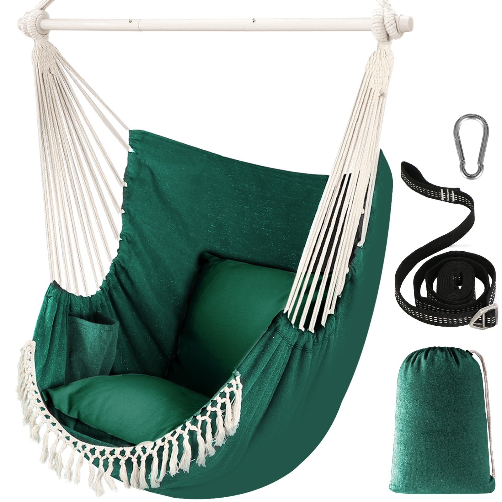 Chihee Hammock Chair Hanging Swing Max 500 Lbs 2 Cushions Included Metal Spreader Bar with Anti-Slip Grooves Portable Hanging Chair Side Pocket Large Macrame Bohemian Chair Indoor Outdoor