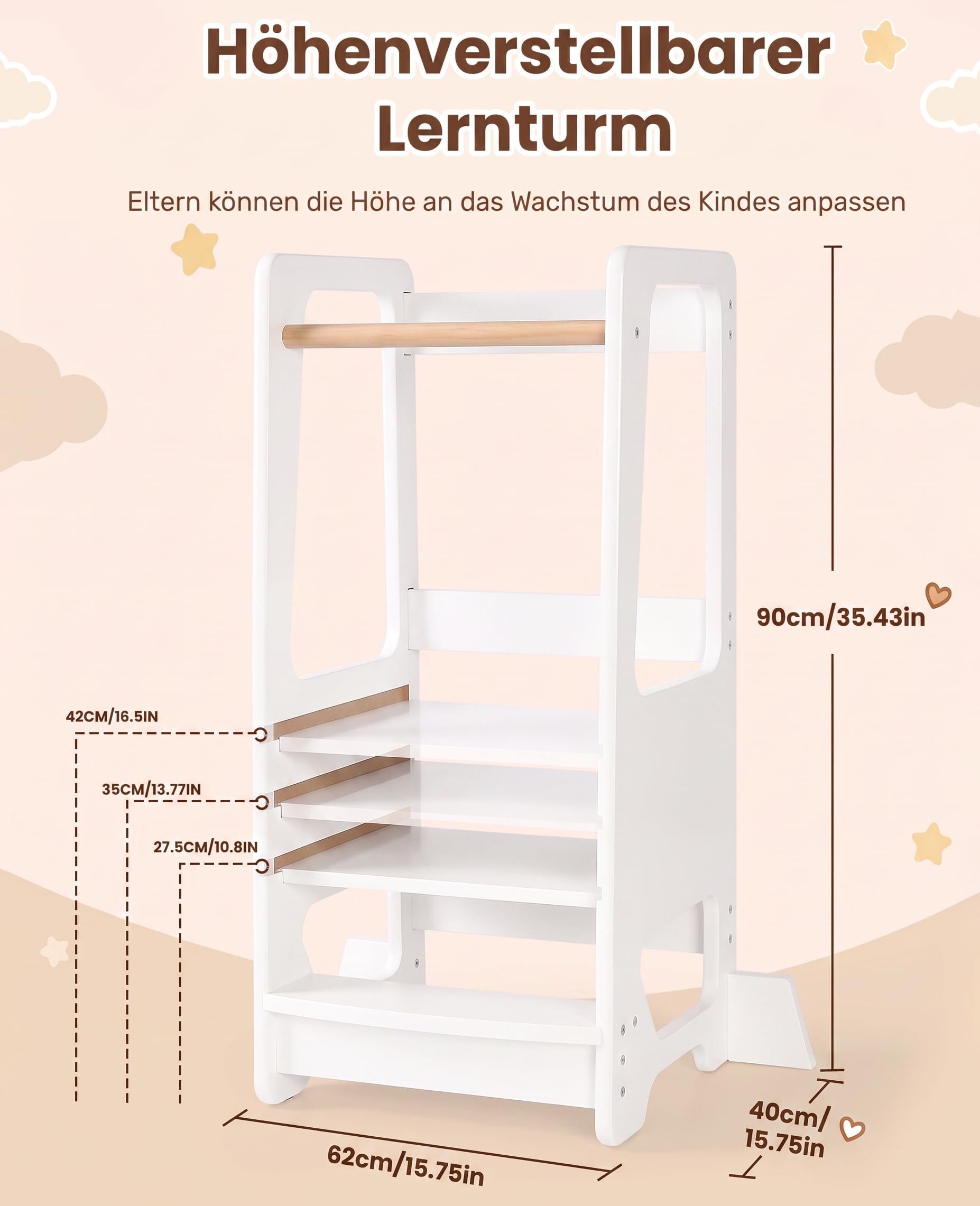 Lernturm ab 1 Jahr Höhenverstellbar, 3‑Fach höhenverstellbar Montessori Learning Tower, Massivholz Küchenhelfer mit Kippschutz, bis 50kg belastbar für Küche Bad Kinderzimmer (Weiß)
