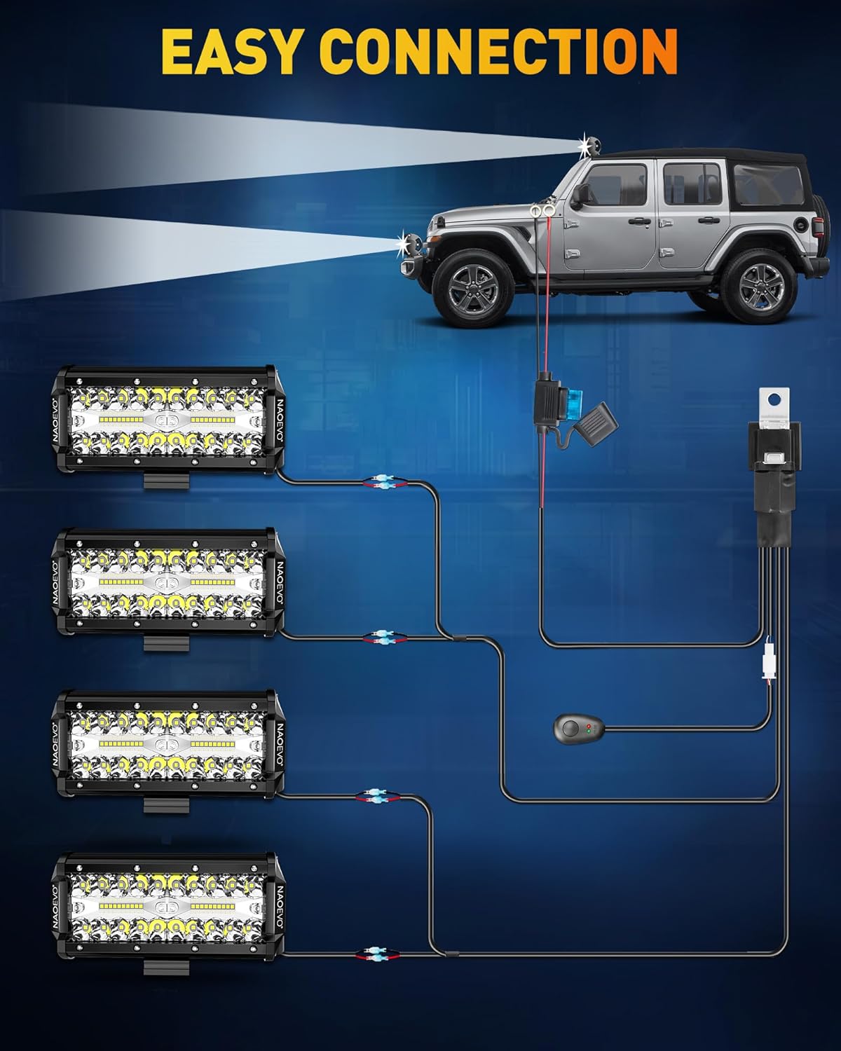 NAOEVO 7 Inch LED Light Bar, LED Off Road/Fog Lights, Work for Truck Tractor Boat ATV UTV, 4 Pcs with 4 Leads Wiring Harness (White)