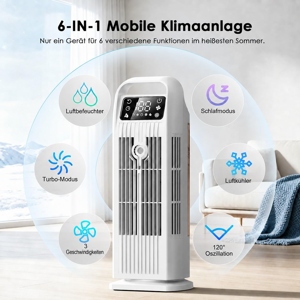 Mobile Klimaanlage ohne Abluftschlauch 6-in-1, Luftkühler mit Wasserkühlung & 1200ml Tank, 7m/s Turbo, 120° Oszillation, 1-12H Timer, 36W Leises Mini Klimagerät für Schlafzimmer & Büro, Cremeweiß
