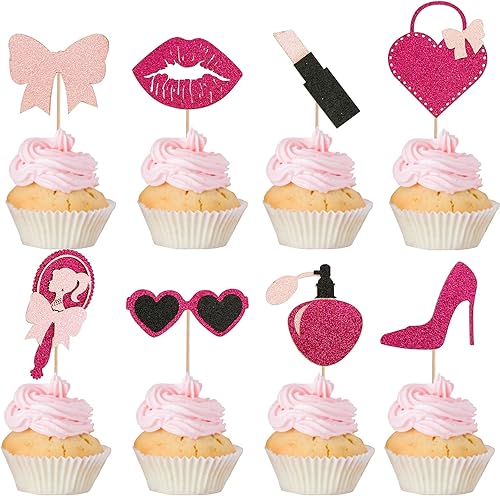 24 piezas con purpurina de princesa para cupcakes de tacón alto, perfume, espejo de tocador, palillos para tartas para cumpleaños de niña rosa,